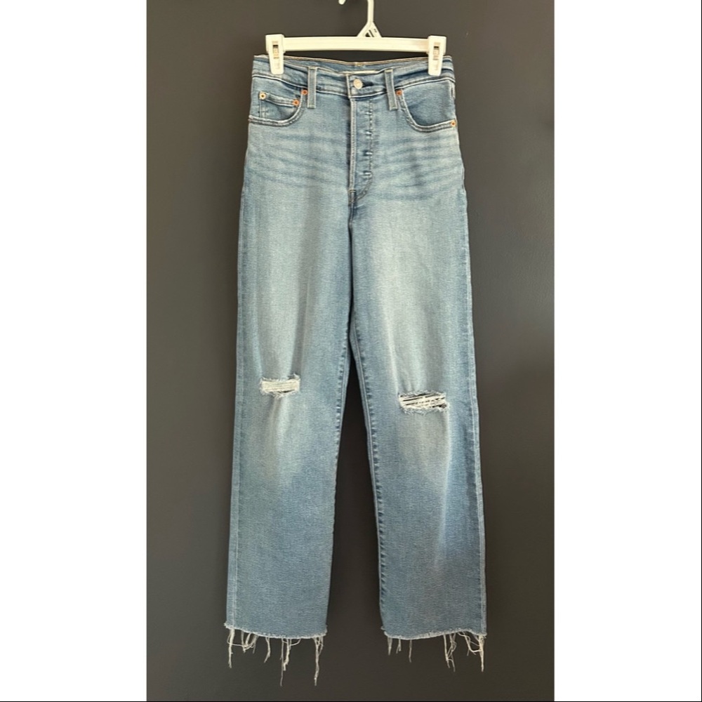 Levi's Light Blue Ribcage Straight Ankle  Distressed Wide Leg Jeans